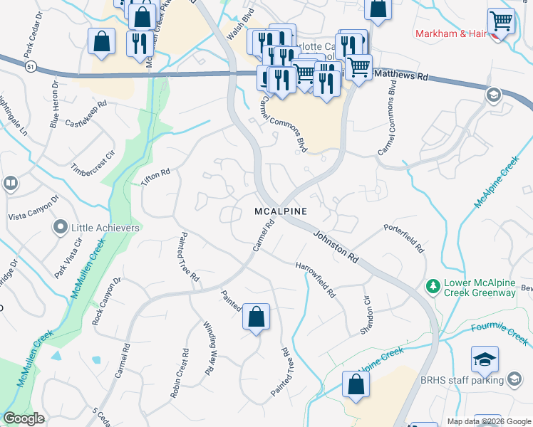 map of restaurants, bars, coffee shops, grocery stores, and more near 10921 Harrowfield Road in Charlotte