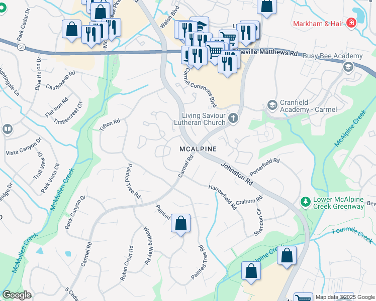map of restaurants, bars, coffee shops, grocery stores, and more near 10921 Harrowfield Road in Charlotte