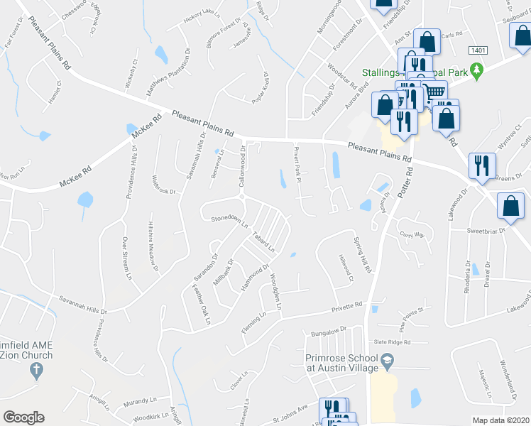 map of restaurants, bars, coffee shops, grocery stores, and more near 1452 Stonedown Lane in Matthews
