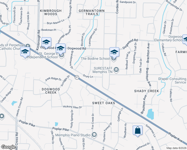 map of restaurants, bars, coffee shops, grocery stores, and more near 8440 Drury Lane in Memphis