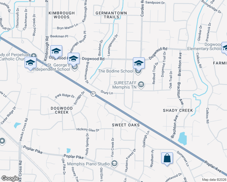 map of restaurants, bars, coffee shops, grocery stores, and more near 8440 Drury Lane in Memphis