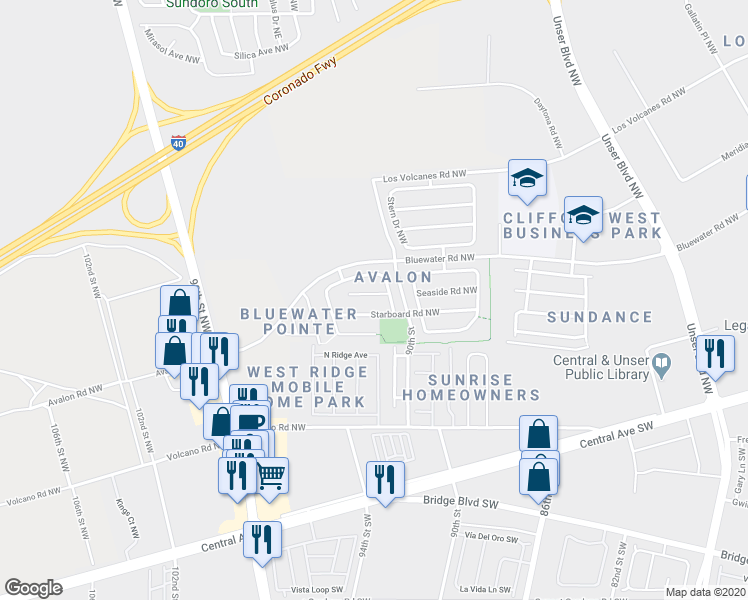 map of restaurants, bars, coffee shops, grocery stores, and more near 9300 Harbor Road Northwest in Albuquerque