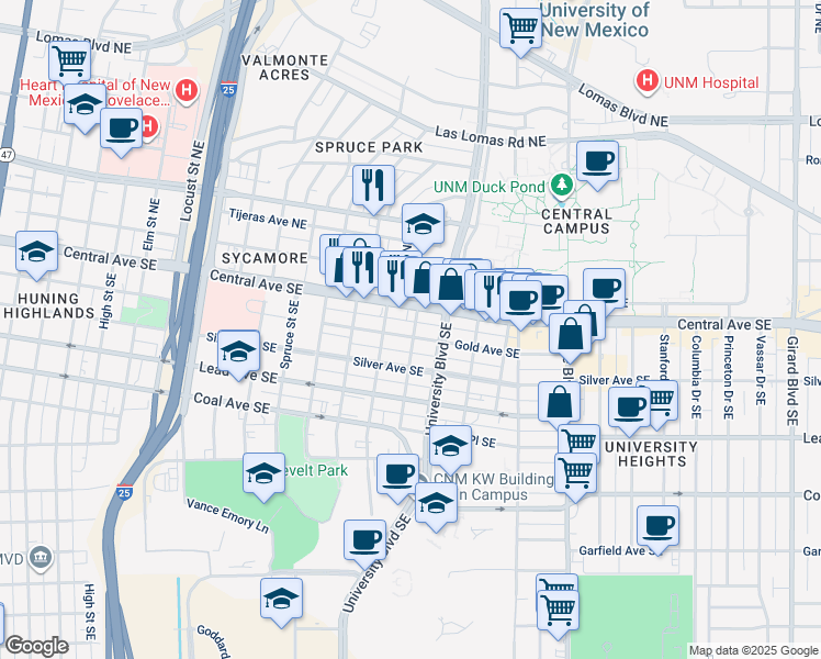 map of restaurants, bars, coffee shops, grocery stores, and more near 1625 Gold Avenue Southeast in Albuquerque