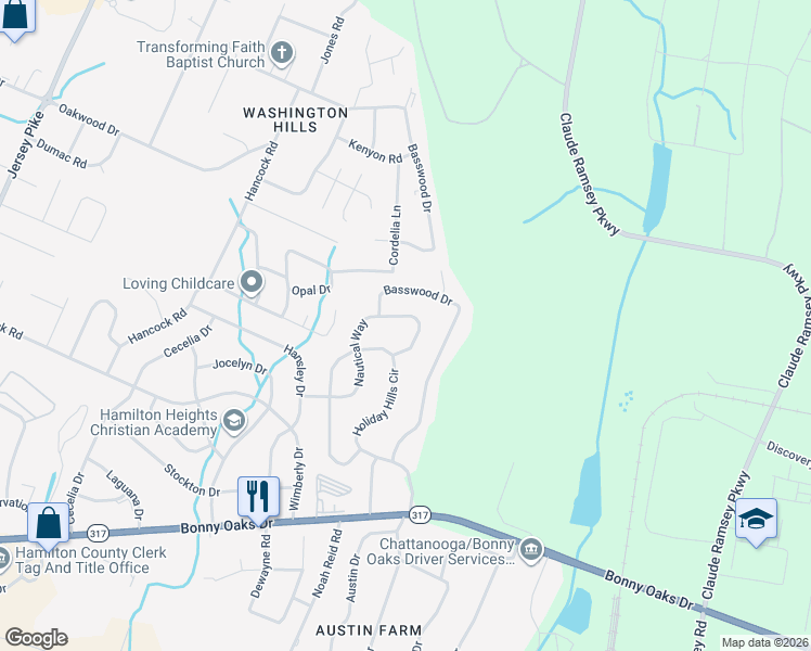 map of restaurants, bars, coffee shops, grocery stores, and more near 7740 Nautical Way in Chattanooga