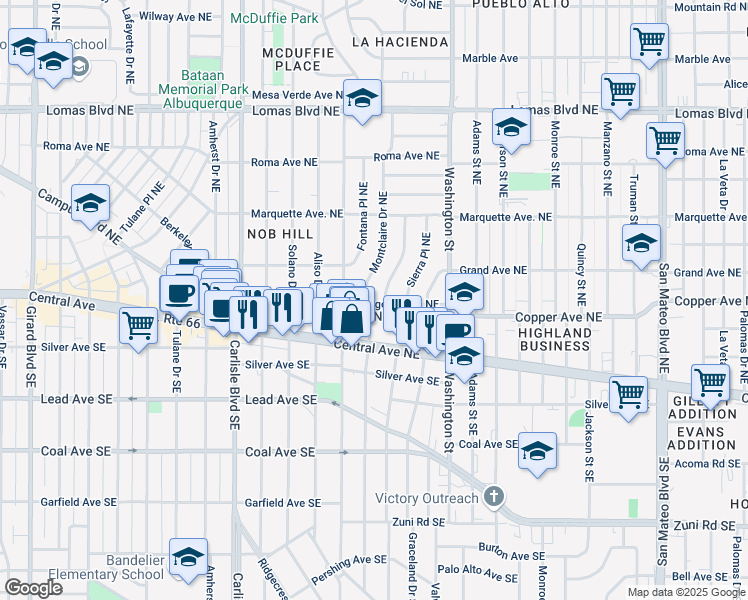 map of restaurants, bars, coffee shops, grocery stores, and more near 4105 Ridgeley Avenue Northeast in Albuquerque