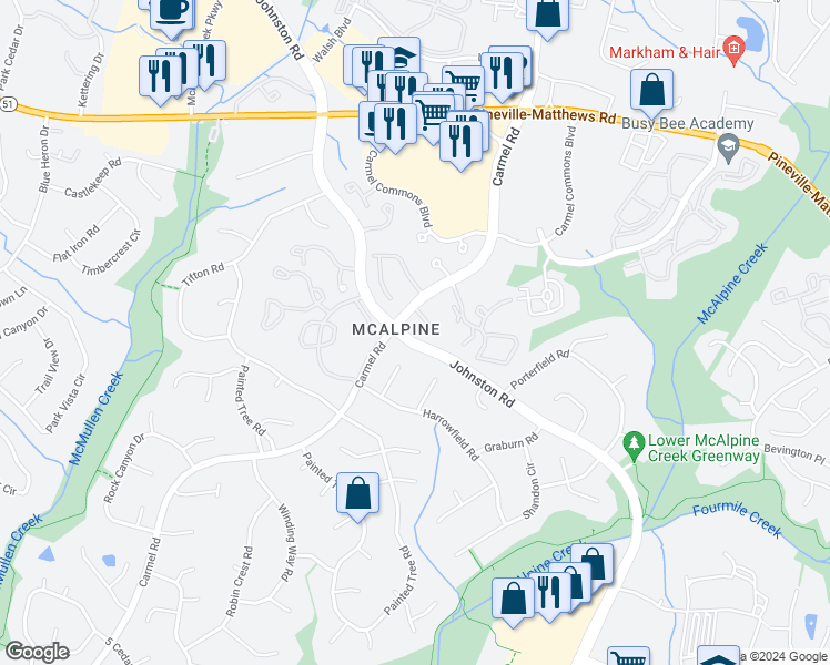map of restaurants, bars, coffee shops, grocery stores, and more near 11198 Johnston Road in Charlotte