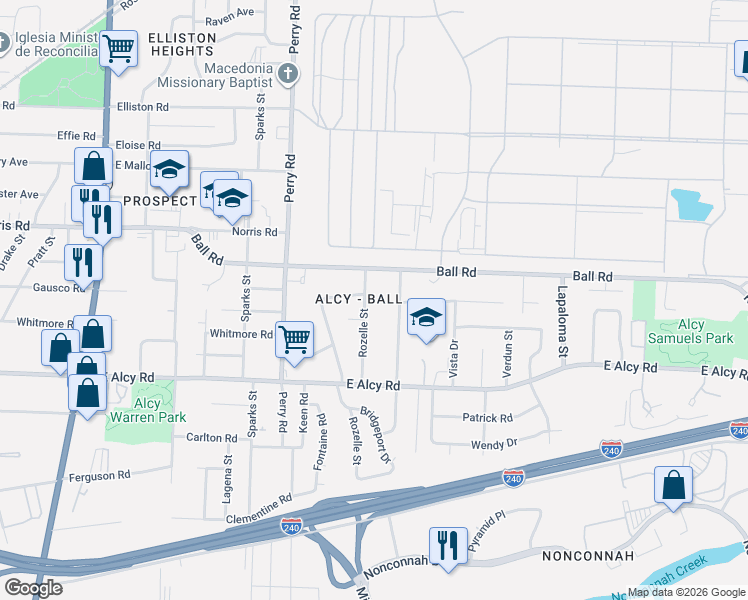 map of restaurants, bars, coffee shops, grocery stores, and more near 2375 Rozelle Street in Memphis