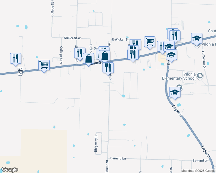 map of restaurants, bars, coffee shops, grocery stores, and more near 26 South Church Street in Vilonia