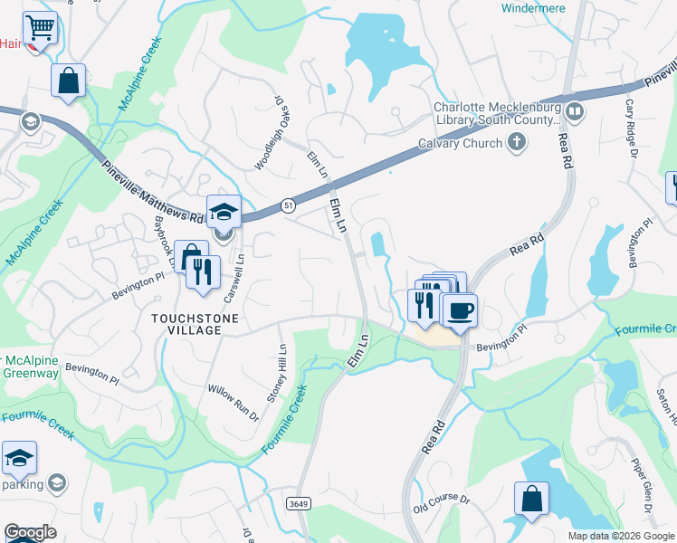 map of restaurants, bars, coffee shops, grocery stores, and more near 9300 Elverson Drive in Charlotte