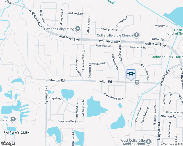 map of restaurants, bars, coffee shops, grocery stores, and more near 1050 Courtfield Cove in Collierville