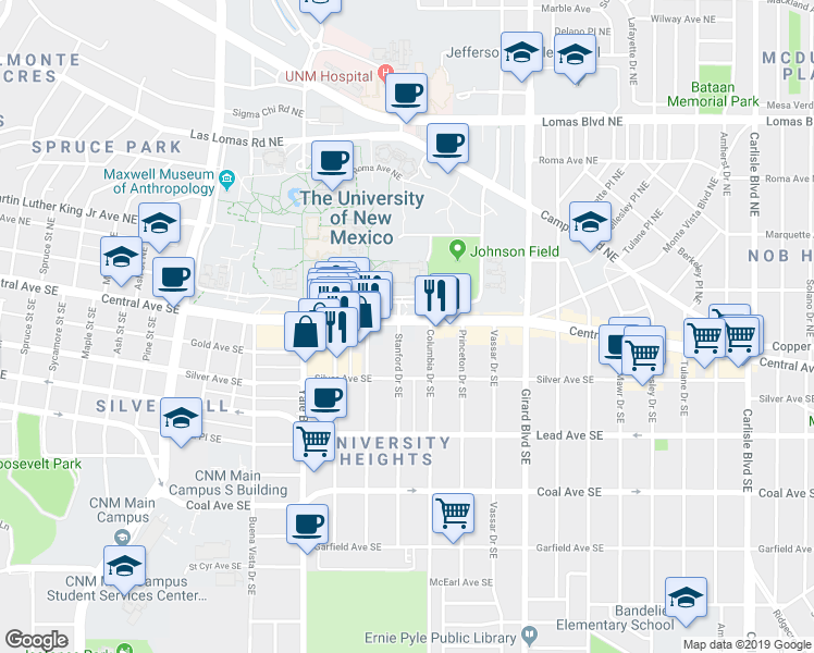 map of restaurants, bars, coffee shops, grocery stores, and more near 2500 Central Avenue Southeast in Albuquerque