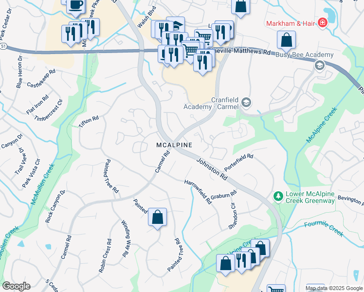 map of restaurants, bars, coffee shops, grocery stores, and more near 11209 Johnston Road in Charlotte
