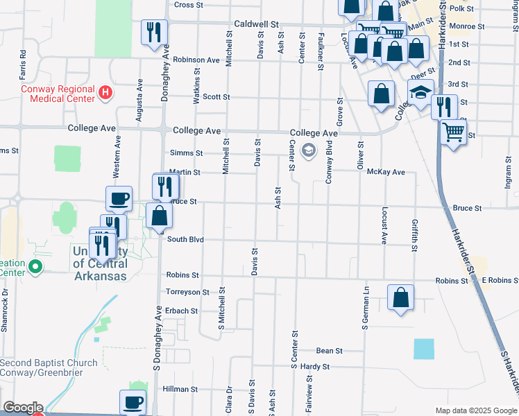 map of restaurants, bars, coffee shops, grocery stores, and more near 1725 Bruce Street in Conway