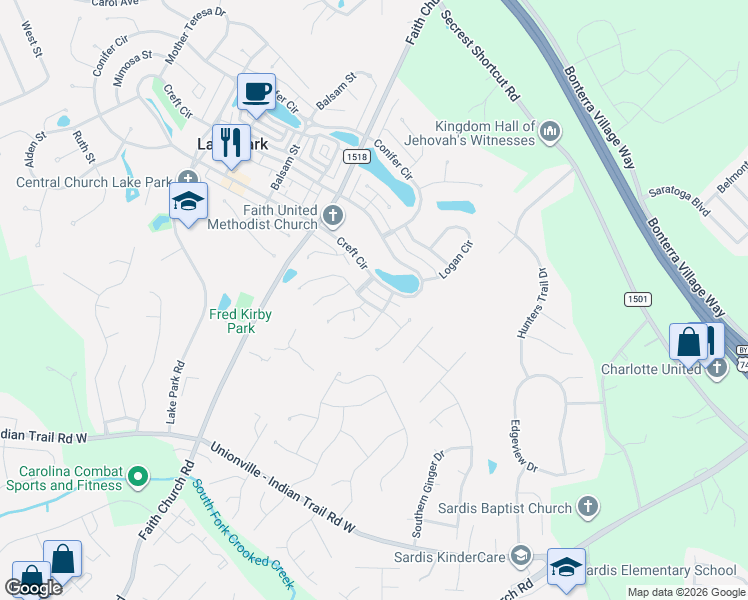 map of restaurants, bars, coffee shops, grocery stores, and more near 5705 Hoover Street in Indian Trail