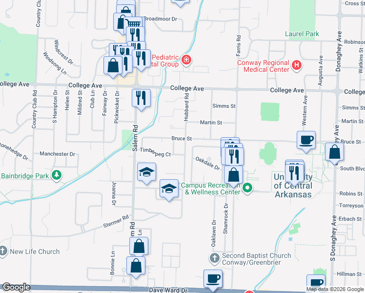 map of restaurants, bars, coffee shops, grocery stores, and more near 215 Hubbard Road in Conway