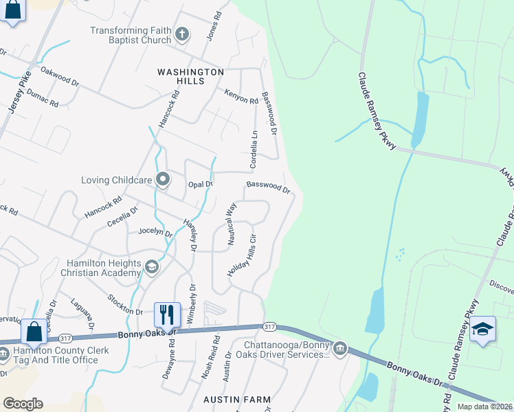 map of restaurants, bars, coffee shops, grocery stores, and more near 7740 Nautical Way in Chattanooga