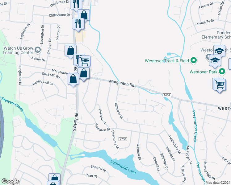 map of restaurants, bars, coffee shops, grocery stores, and more near 7305 Tollhouse Drive in Fayetteville