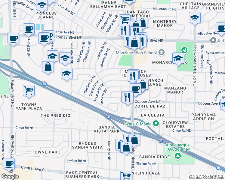 map of restaurants, bars, coffee shops, grocery stores, and more near 11612 Mocho Place Northeast in Albuquerque