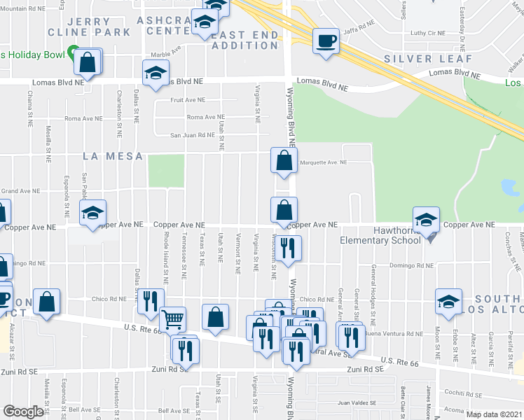 map of restaurants, bars, coffee shops, grocery stores, and more near 411 Virginia Street Northeast in Albuquerque