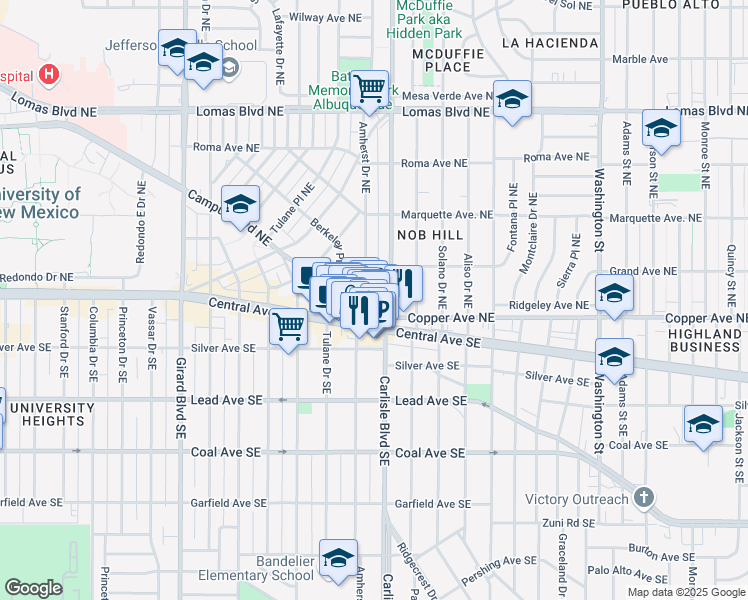 map of restaurants, bars, coffee shops, grocery stores, and more near 3712 Campus Boulevard in Albuquerque
