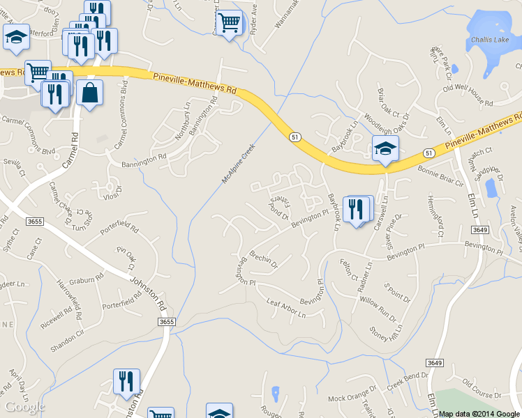 map of restaurants, bars, coffee shops, grocery stores, and more near 6700 Bevington Ridge Road in Charlotte