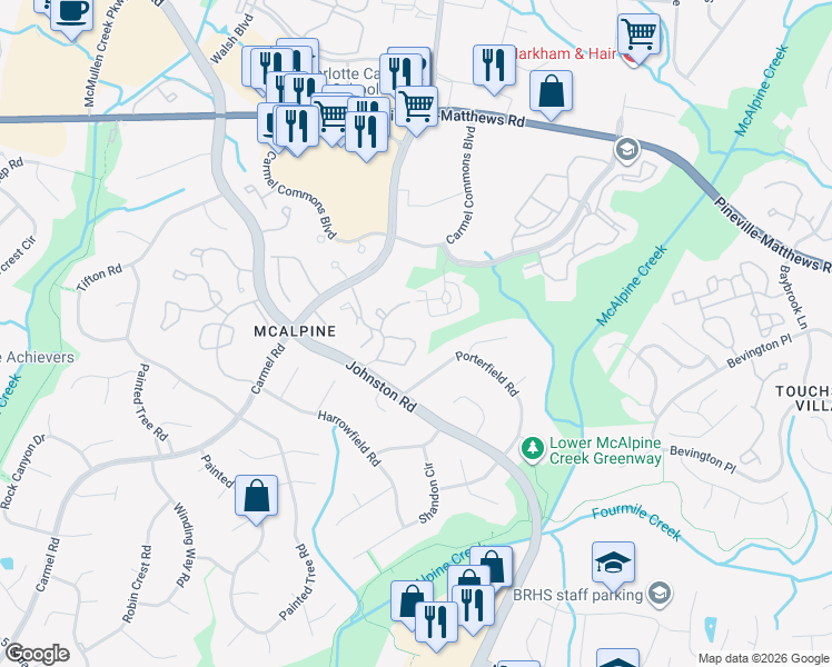map of restaurants, bars, coffee shops, grocery stores, and more near 11527 Turn Stone Court in Charlotte