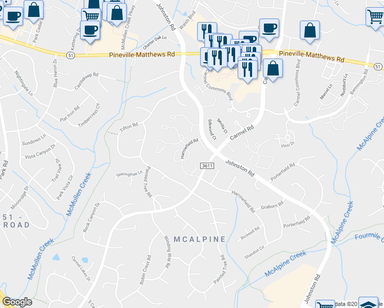 map of restaurants, bars, coffee shops, grocery stores, and more near 11153 Harrowfield Road in Charlotte