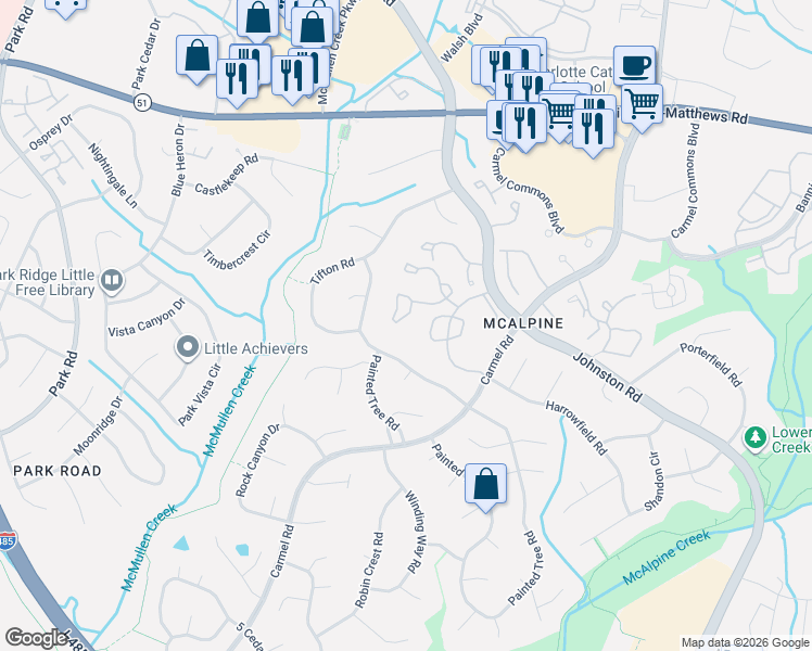 map of restaurants, bars, coffee shops, grocery stores, and more near 11046 Harrowfield Road in Charlotte