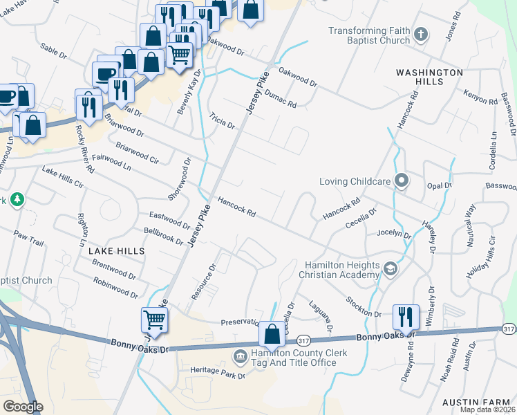 map of restaurants, bars, coffee shops, grocery stores, and more near 4521 Hancock Road in Chattanooga