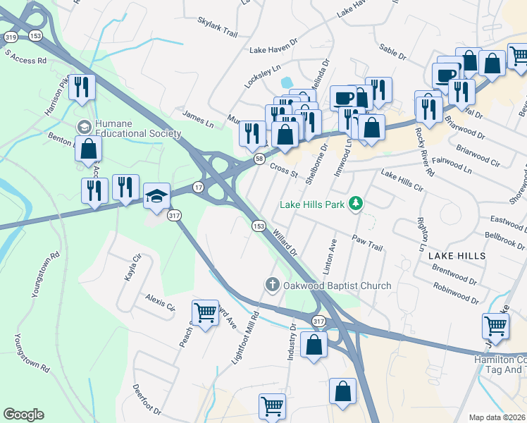 map of restaurants, bars, coffee shops, grocery stores, and more near 4200 Wilkesview Drive in Chattanooga