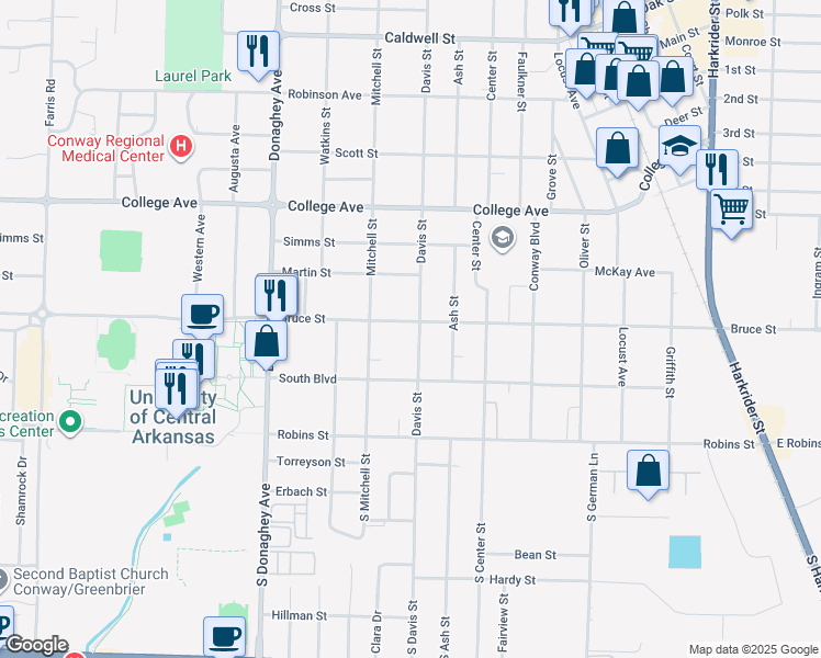 map of restaurants, bars, coffee shops, grocery stores, and more near 234 Davis Street in Conway