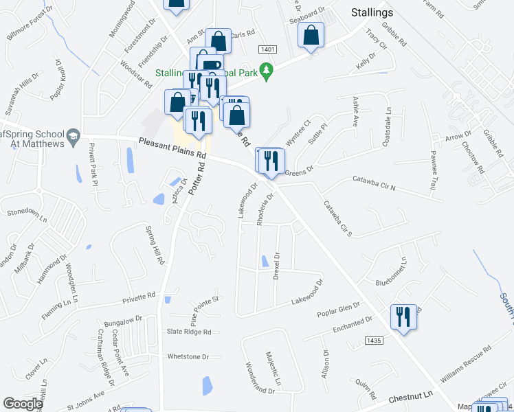 map of restaurants, bars, coffee shops, grocery stores, and more near 4130 Rhoderia Drive in Stallings