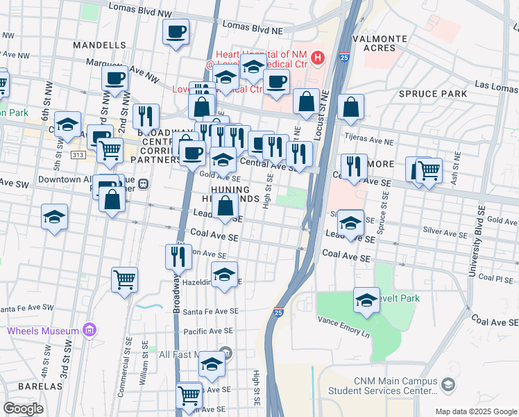 map of restaurants, bars, coffee shops, grocery stores, and more near 301 High Street Southeast in Albuquerque