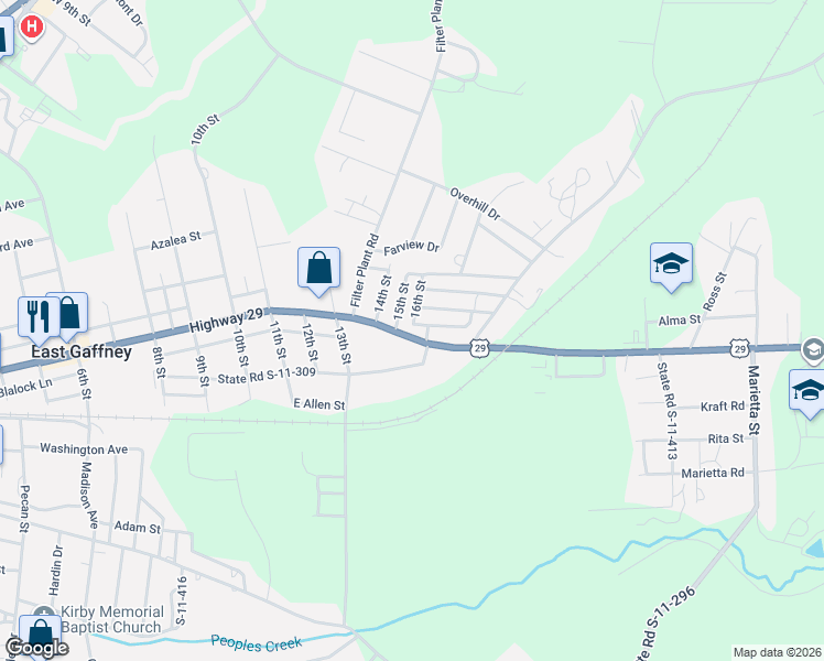 map of restaurants, bars, coffee shops, grocery stores, and more near 2319 Cherokee Avenue in Gaffney