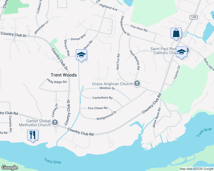 map of restaurants, bars, coffee shops, grocery stores, and more near 3422 Windsor Drive in Trent Woods