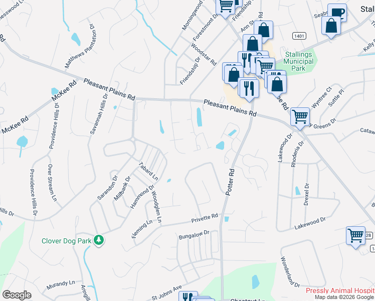 map of restaurants, bars, coffee shops, grocery stores, and more near 1320 Privett Park Place in Stallings