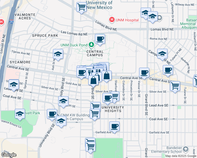 map of restaurants, bars, coffee shops, grocery stores, and more near 108 Yale Boulevard Southeast in Albuquerque