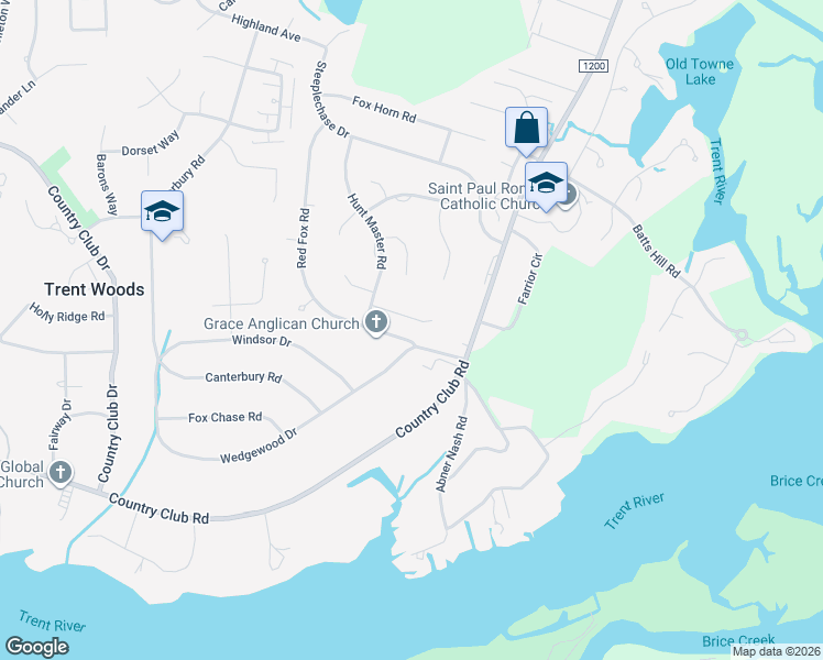 map of restaurants, bars, coffee shops, grocery stores, and more near 3106 Side Saddle Lane in Trent Woods
