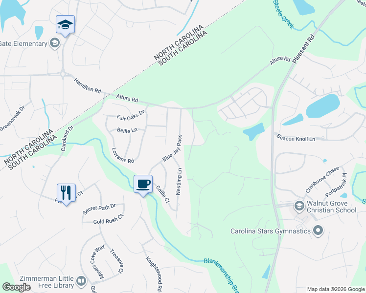 map of restaurants, bars, coffee shops, grocery stores, and more near 3383 Blue Jay Pass in Fort Mill
