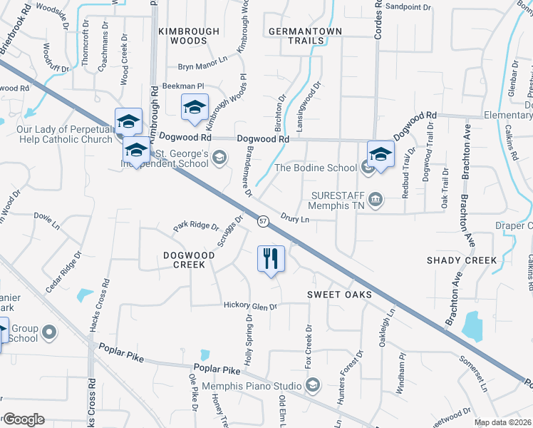map of restaurants, bars, coffee shops, grocery stores, and more near 8377 Drury Lane in Germantown
