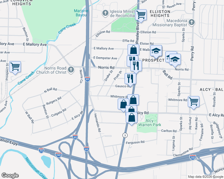 map of restaurants, bars, coffee shops, grocery stores, and more near 2375 Pratt Street in Memphis