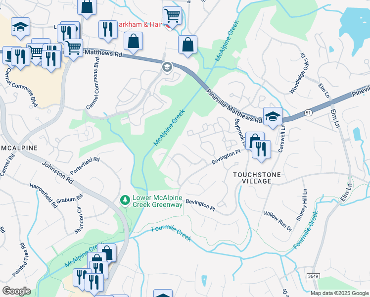 map of restaurants, bars, coffee shops, grocery stores, and more near 6717 Bevington Ridge Road in Charlotte