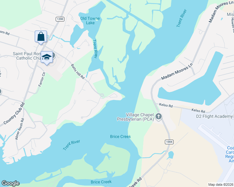 map of restaurants, bars, coffee shops, grocery stores, and more near 11 Batts Hill Road in New Bern