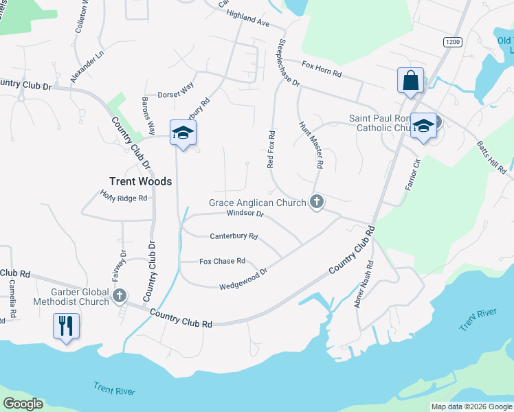 map of restaurants, bars, coffee shops, grocery stores, and more near 3422 Windsor Drive in Trent Woods