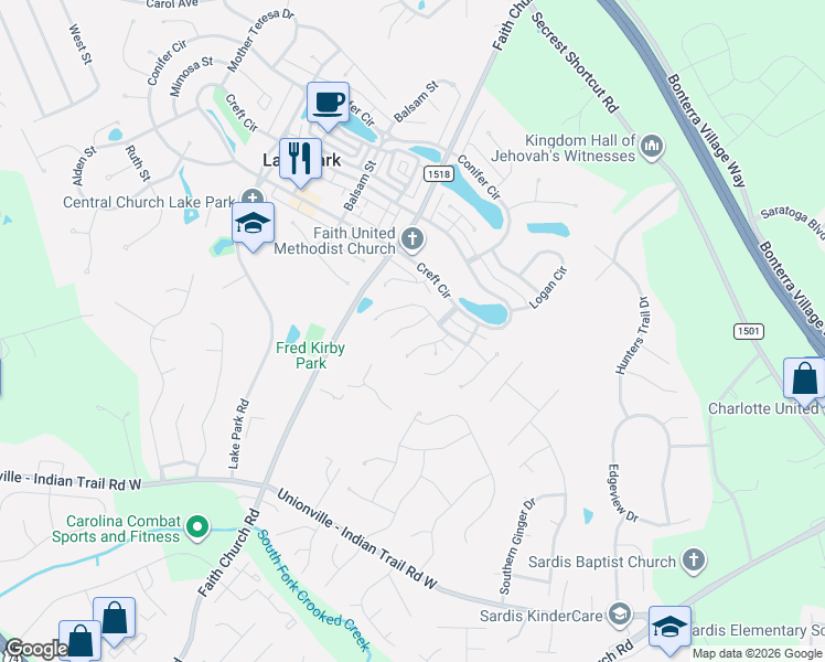 map of restaurants, bars, coffee shops, grocery stores, and more near 3609 Iris Street in Indian Trail