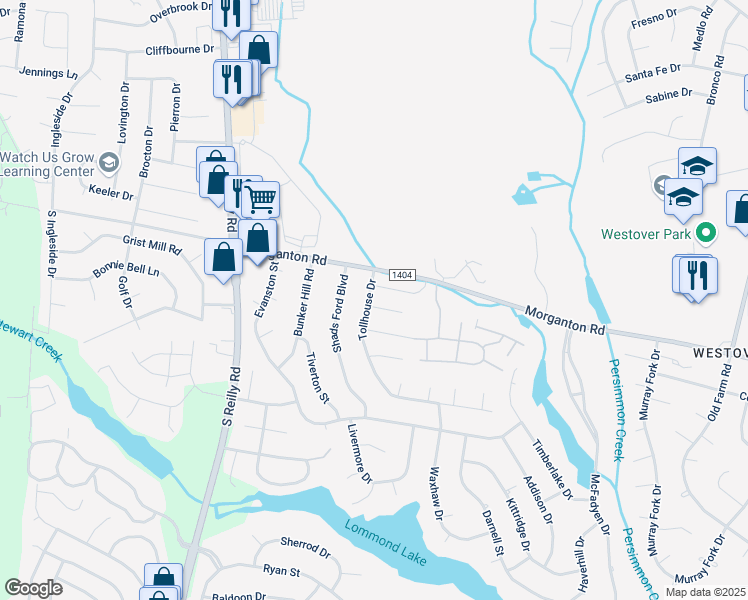 map of restaurants, bars, coffee shops, grocery stores, and more near 6342 Foxlake Drive in Fayetteville