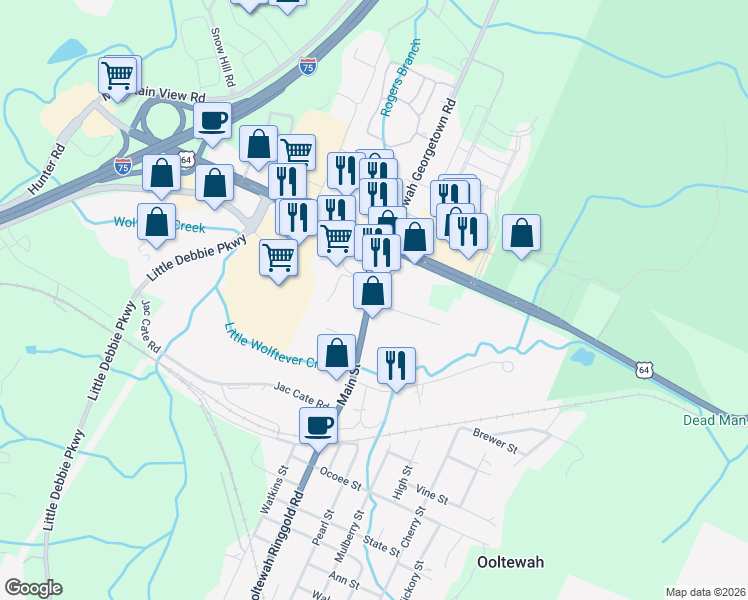 map of restaurants, bars, coffee shops, grocery stores, and more near 5900 Ooltewah Ringgold Road in Ooltewah