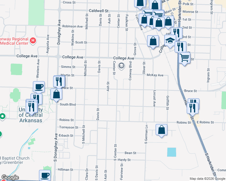 map of restaurants, bars, coffee shops, grocery stores, and more near 238 Ash Street in Conway