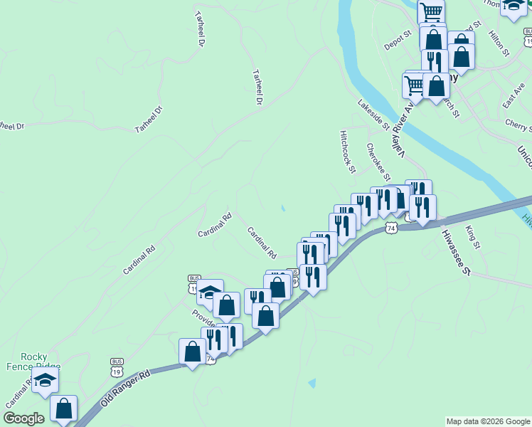 map of restaurants, bars, coffee shops, grocery stores, and more near 125 Wren Ln in Murphy