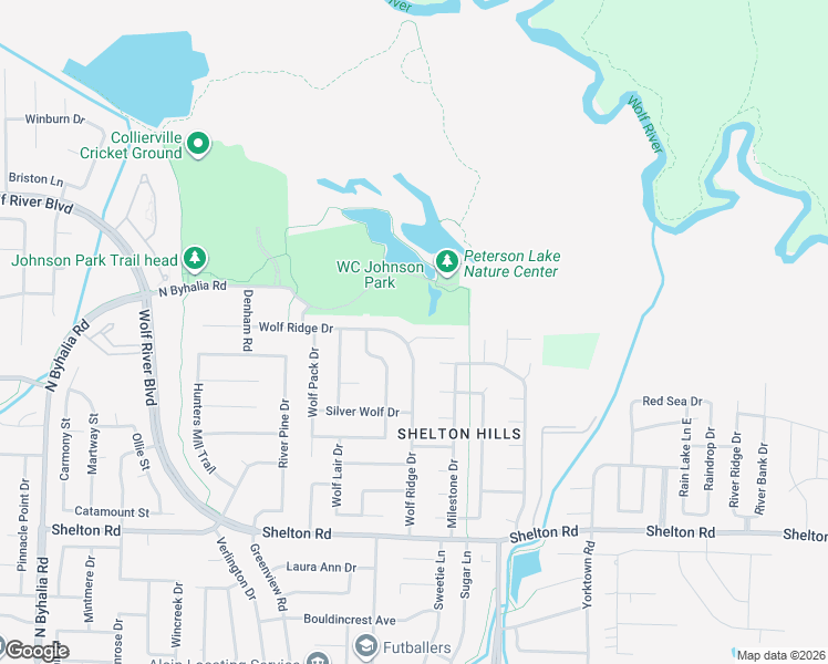 map of restaurants, bars, coffee shops, grocery stores, and more near 1497 Wolf Ridge Drive in Collierville